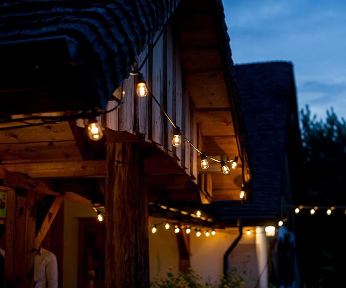 Hometown Evolution, Inc. 100 Foot Commercial Grade Outdoor String Lights (100 Foot 50 Socket, S14 11 Watt Clear Light Bulbs)