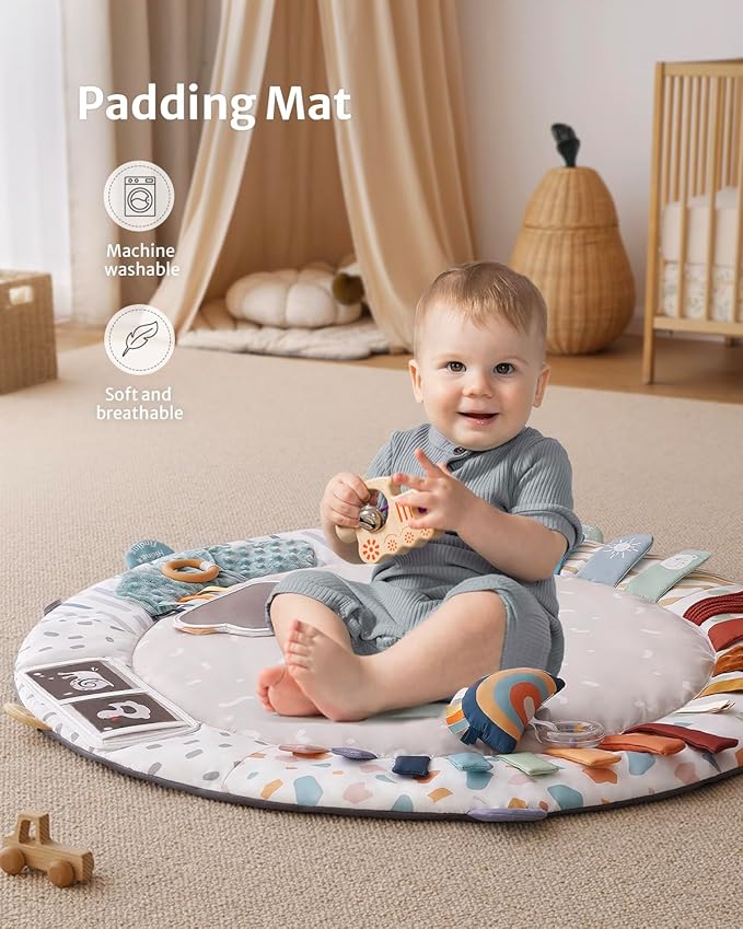 Blissful Diary Baby Play Gym & Activity Mat, 5 Developmental Zones Wooden Tummy Time Mat with 5 Detachable Sensory Toys for Motor Skills & Sensory Development, Baby Essentials Shower Gift