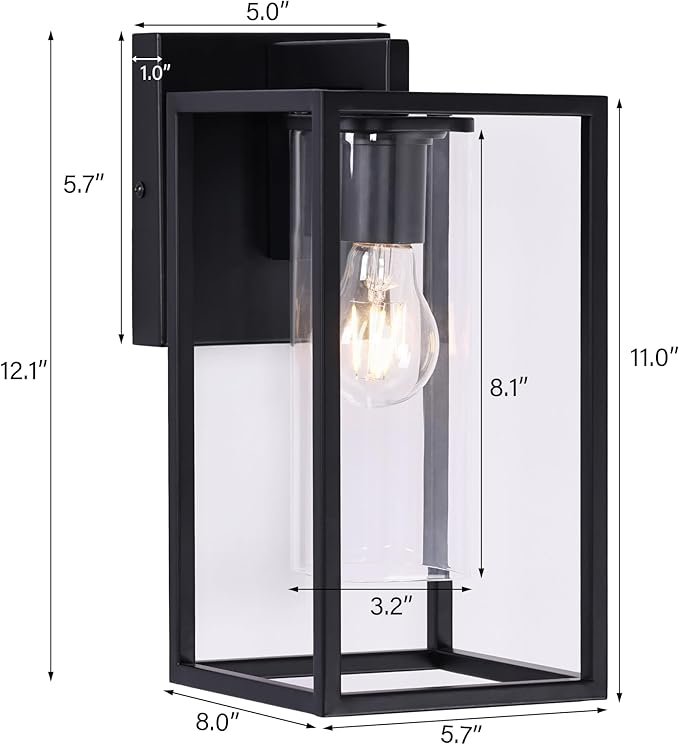 Pia Ricco Outdoor Wall Lights, Black Outdoor Wall Lantern with Square Clear Glass Shade, Waterproof Exterior Lighting Fixtures, Modern Front Porch Lighting for House, Garage, E26 Base, ETL Listed