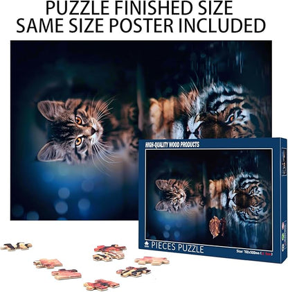 Challenge 1000 Pieces Adult, Tiger Cat Wooden Puzzle, Challenging Brain Puzzle Game Relaxing Pastime Recreational Activity Jigsaw Size: 29.5 X 19.7 in and 1:1 Original Picture Poster