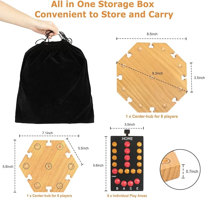 Marble Board Game,Wooden Board Game for 6-8 Players,Portable Design Marble Game with 32 Marbles 16 Dice, Family Game Night Gift for Kids & Adults