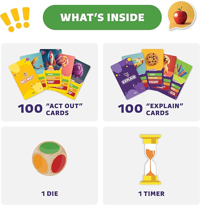 Epic Charades Game for Kids Ages 6+ – 200 Act Out & Explain Cards with Illustrations & Timer – Fun Educational Game for Family, Party, Classroom & Travel