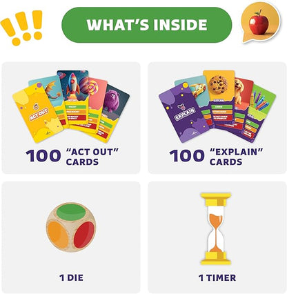 Epic Charades Game for Kids Ages 6+ – 200 Act Out & Explain Cards with Illustrations & Timer – Fun Educational Game for Family, Party, Classroom & Travel