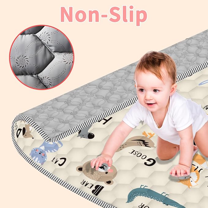 Baby Play Mat for Floor 59x59, Soft Portable, Non-Slip Crawling Mat Machine Washable Foldable Playmate for Babies,Toddlers, Infants Indoor/Outdoor Use, Alphabet & Animal Design