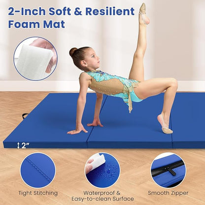 Giantex 4'x10'x 2" Gymnastics Mat, 4-Panel Folding Aerobics Exercise Mat w/Hook & Loop Fastener, Carrying Handle, Portable Tumbling Mat for Stretching Yoga Cheerleading Martial Arts