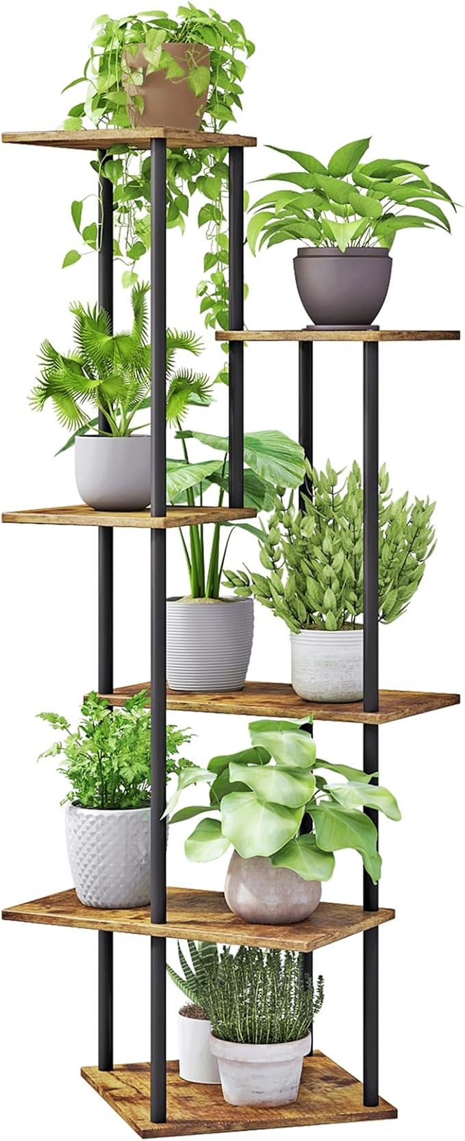 Plant Stand Indoor 6-Tier Metal Wood Plant Shelf for Multiple Flower Pots Corner Tall Flower Holders for Living Room Balcony Bedroom, Rustic Brown