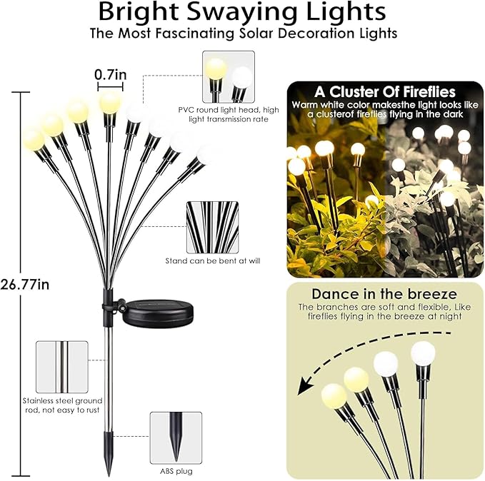 OZS Warm White ⇋ Cool White RGB Color Changing 6Pack 48LED Solar Garden Lights - Solar Lights Outdoor, Solar Firefly Lights, Sway by Wind, Fairy Lights Waterproof for Garden Patio Pathway Decoration