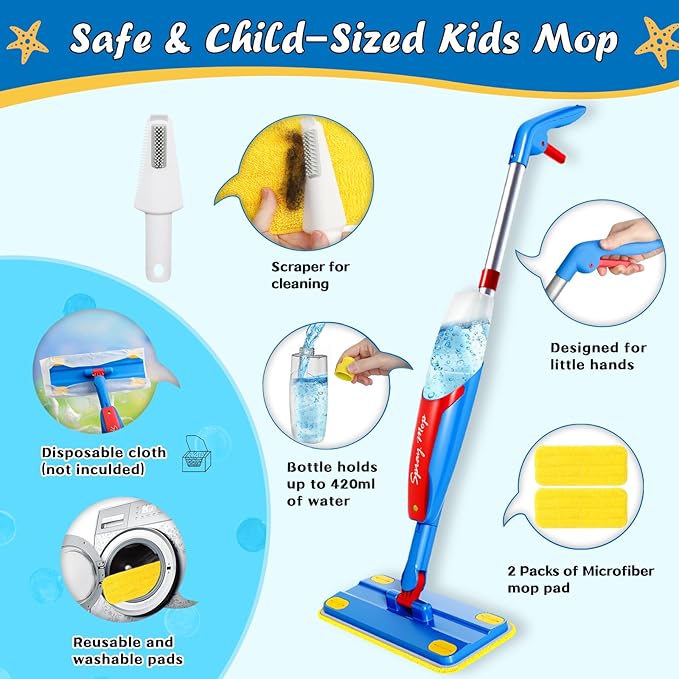 Kids Cleaning Toy Set - Toddler Cleaning Set with Real Working Kids Spray Mop, Microfiber Pads, Cloth & Scraper | Role Play Educational Toys for Boys Girls, Montessori Toddler Toys Gifts