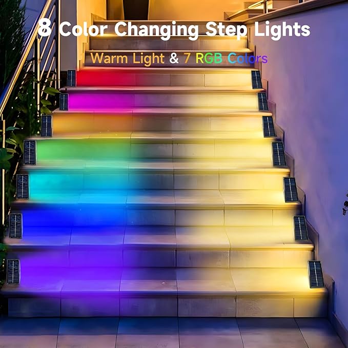 Solar Step Lights Outdoor, 6 Pack Solar Stair Lights Waterproof, Warm White/7 RGB Colors Deck Lighting for Outside Garden Stair, Deck, Fence, Front Step, Front Porch, and Patio Decor