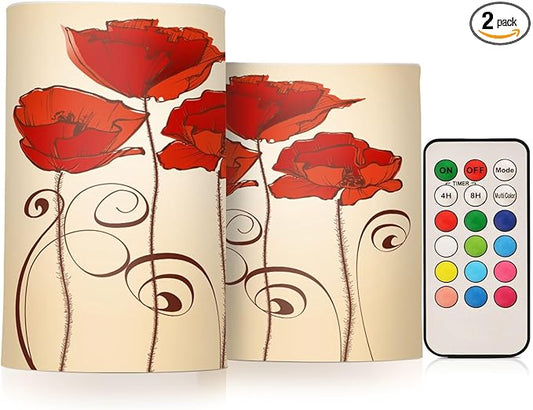 Flickering Flameless Candles, Red Poppy Flowers Retro LED Candles with Remote Timer, Set of 2 Battery Operated Candle for Valentine Wedding Birthday