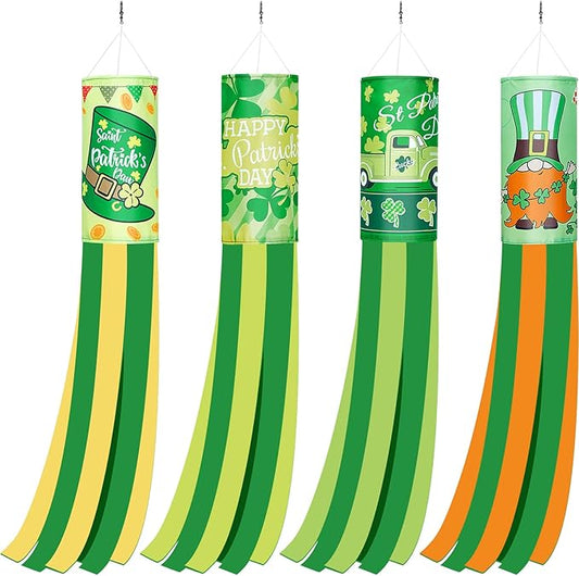 4 Pieces St. Patrick's Day Windsock Shamrock Windsock Flag Irish Green Truck Pattern Design Windsock Outdoor Hanging Decoration for St. Patrick's Day Backyard Garden Balcony Decor, 35 Inch