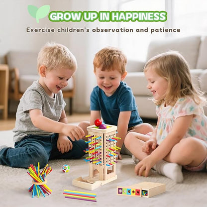 Montessori Toys for 3 Year Old Fine Motor Skills Toys for 5 Year Old Wooden Board Game - Educational Toys with Colorful Sticks, Dice & Stones, Family Game Gifts for Age 4 5 6 7 8 Boys Girls
