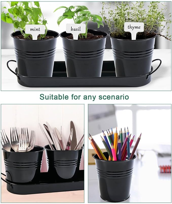 vensovo Indoor Herb Planter Set - Galvanized Windowsill Garden Pots with Tray & Drainage, Set of 3 Metal Window Planters for Kitchen & Outdoor Use, Black