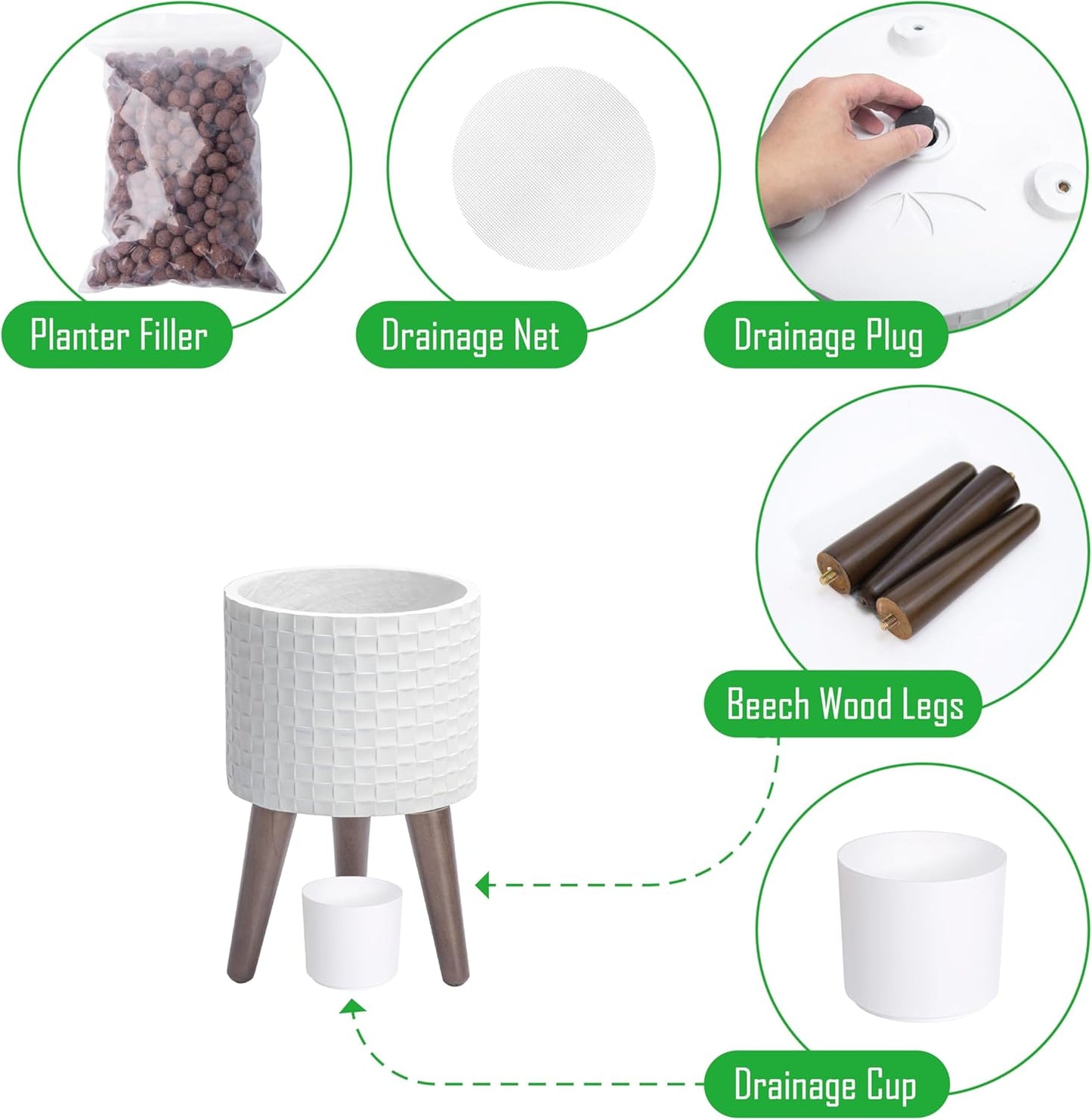 D'vine Dev 8 Inch Modern Geometric Tile Patterned Sleek Planter Pot with Stand, Indoor Outdoor Decorative Plant Holder, Matte White, 88-Z-A-1