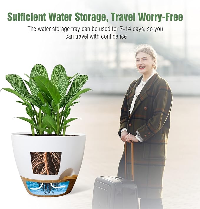 WOUSIWER 10 inch Self Watering Planters, 2 Pack Large Plastic Plant Pots with Deep Reservior and High Drainage Holes for Indoor Outdoor Plants and Flowers, White with Terracotta