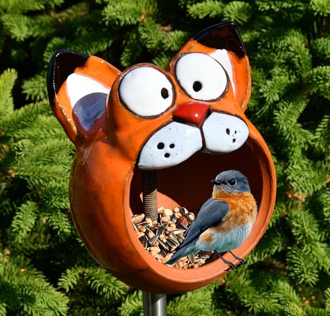 Ceramic Garden Decor - Cat Lawn Stake - Bird Feeder - Outdoor Statue - Perfect, Unique Gifts for Gardeners Woman, Men - Handmade, Frostproof