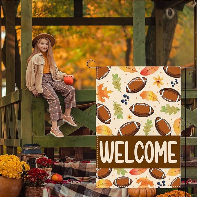 Welcome Fall Garden Flag Autumn Football Garden Flag 12x18 inch Double Sided Fall Maple Leaves Seasonal Flags for Yard Outside Lawn Patio (Flay 1802)