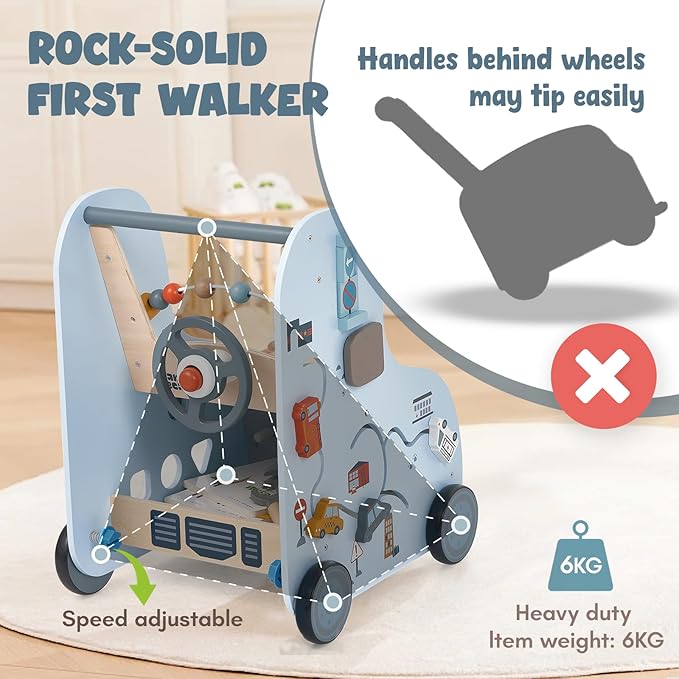 Giant bean Wooden Baby Push Walker with Activity Center – Car Traffic Theme Tool Bench Shape Sorter, Steering Wheel Gears Beads, Montessori Toy for Toddlers 1-3, Walking Push Toy Speed Adjustable