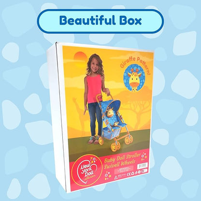 Baby Doll Stroller for Toddlers 3-10, Pillow Animal Toy Baby Stoller for Dolls, Blue Folding Baby Toy Stroller for Dolls, Foldable Stroller for Girls, for Bigger Kids (Giraffe)