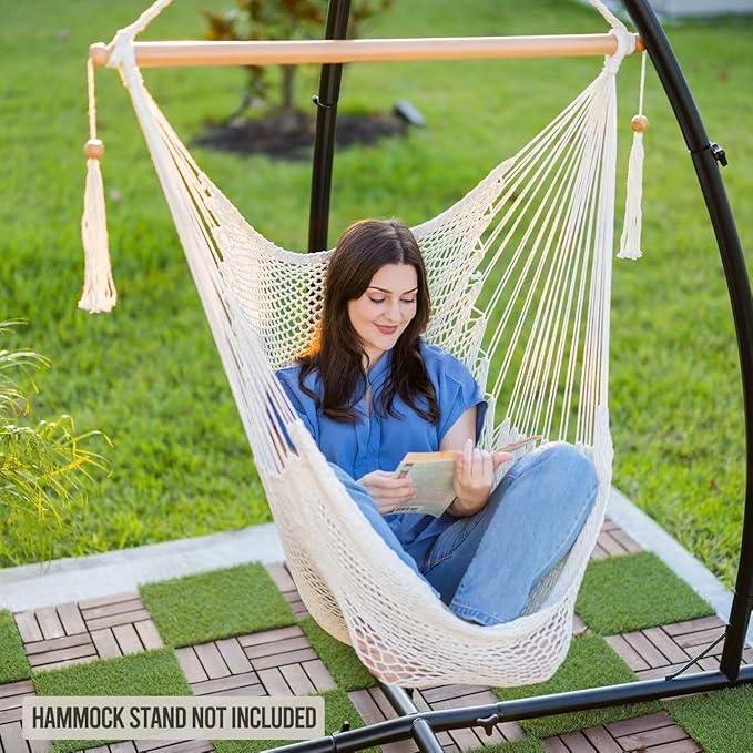 JoyView Hammock Chair with Spreader Bar Caribbean Hammock Swing Chair 300 LBS Weight Capacity XL Rope Hanging Chair for Outdoor Indoor Garden Yard - Blue