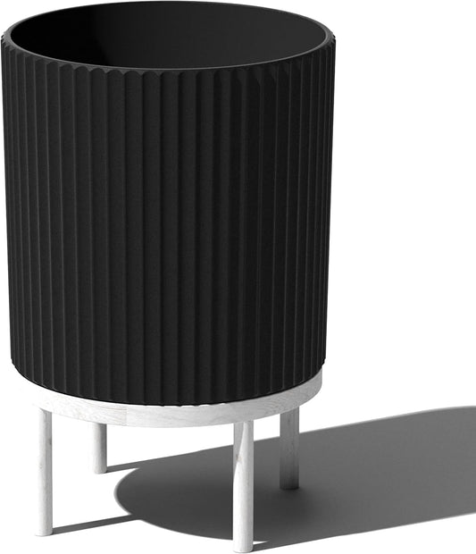 Veradek Demi Series Round Planter w/Stand for Porch/Patio | Durable Plastic-Stone Composite & Wooden Stand | Modern Décor for Tall Plants, Flowers