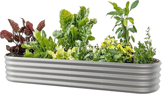 8x2ft Oval Galvanized Raised Garden Bed Kits 16" Tall Outdoor Large Metal Modular Planter Box 9-in-1 Raised Beds for Gardening,Vegetables,Fruits,Flowers & Herbs (Silver)