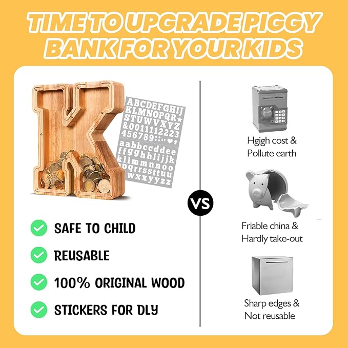 KMC Wooden Letter Piggy Bank, Personalized Initial Piggy Bank for Kids Boys, Clear Alphabet K Wood Money Box, Unbreakable Coin Saving Jar, Birthday, for Children