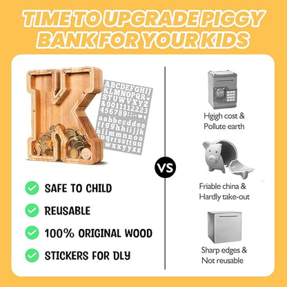 KMC Wooden Letter Piggy Bank, Personalized Initial Piggy Bank for Kids Boys, Clear Alphabet K Wood Money Box, Unbreakable Coin Saving Jar, Birthday, for Children