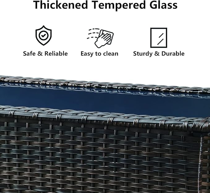 Patio Tables Wicker Coffee Table - Outdoor Rattan Coffee Tables with Glass Top for Patio Proch Deck Balcony Rectangle Brown