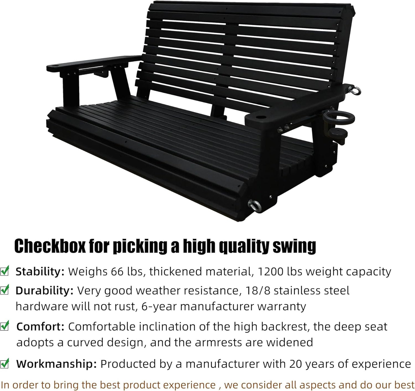 HDPE Porch Swing with 18/8 Stainless Steel Bolts, Ergonomic Design, Ultra Weather-Resistant, Heavy Duty 1200 LBS, for Outdoor Patio Garden Yard (Darknight Black)