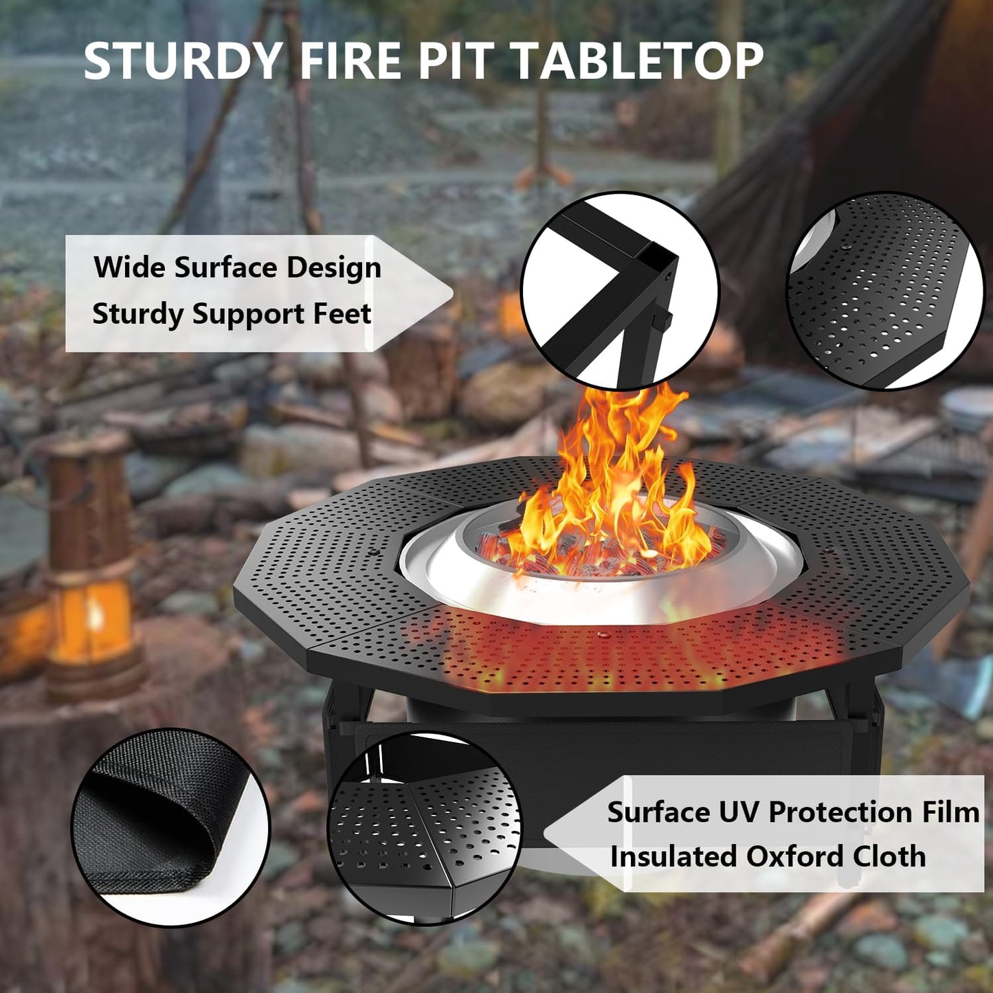 Fire Pit Surround Tabletop Use for Solo Stove Bonfire Ranger Yukon 2.0, with Coated Steel and UV-Resistant Outdoor Fabric, Adjustable Tabletop for Solo Stove Bonfire Accessories, Thick Metal