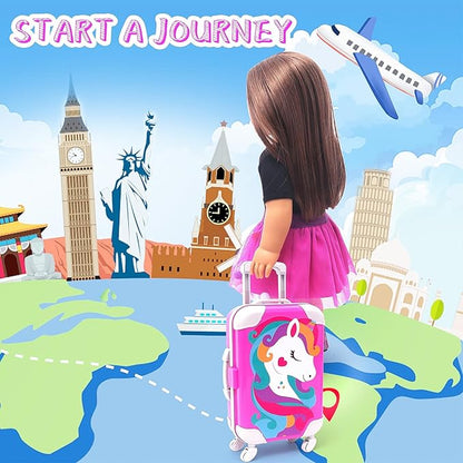 American 18 Inch Doll Accessories Doll Travel Set Including Suitcase Luggage and Dress, Camera Computer Phone Neck Pillow Sunglasses Dolls Travel Gear Play Set Gift for Birthday (NO Doll)
