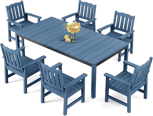 Stoog All-Weather Patio Dining Sets, 7 Pieces Waterproof Dining Table and Chairs Set, HIPS & Aluminum Dining Table with Umbrella Hole, Never Rot or Fade, for Garden, Backyard, Deck, Blue