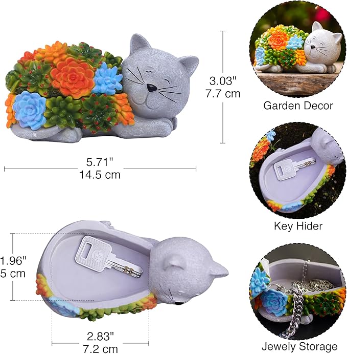 Outdoor Cat Key Hider Statue - Cute Succulent Cat Hide a Key Outdoor Decorative - Small Gift Box for Women, Home Decor & Cat Gifts (Cat)