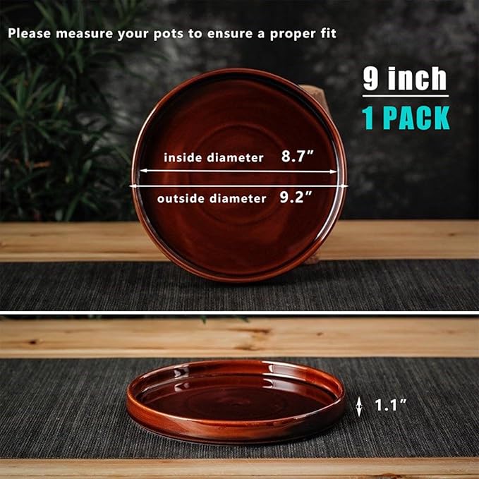 Ceramic Plant Saucer 9 Inch, Round Plant Trays for Indoors/Outdoors, Flower Pot Saucers for Holding Water Drips and Soil, Ceramic Drainage Tray for Plant Pot (Brown)