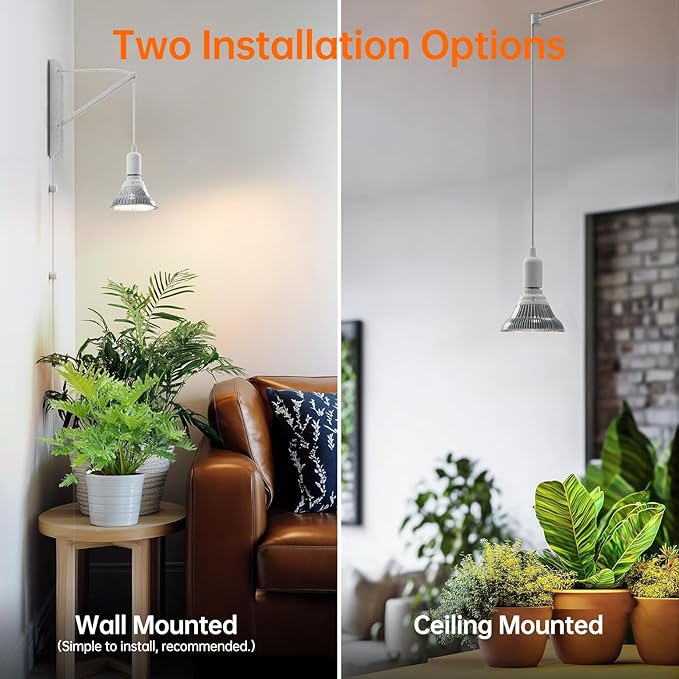 Hanging Grow Light with Wall Mounted Bracket, 25W, 3000K Led Plant Light Bulb, Full Spectrum Pendant Grow Light with Timer, 16.4 FT Power Cord, Decorative Grow Light for Indoor Plant