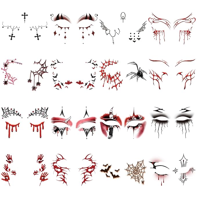 Halloween Bloody Eyeliner Temporary Tattoos for Adults, 16 Pairs Blood Red Eyes Fake Tattoos, Gothic Spooky Designs with Spiders Web, Bats, Skulls, Bloody palm