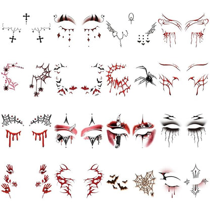 Halloween Bloody Eyeliner Temporary Tattoos for Adults, 16 Pairs Blood Red Eyes Fake Tattoos, Gothic Spooky Designs with Spiders Web, Bats, Skulls, Bloody palm