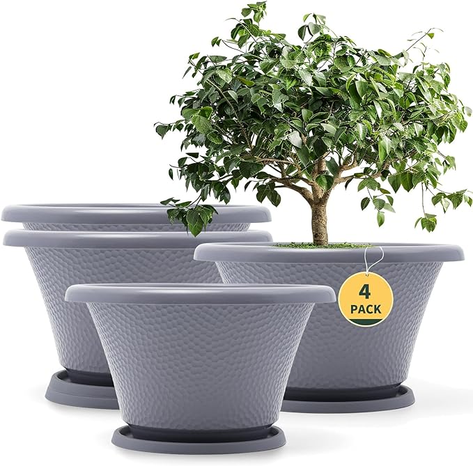 Quarut 12 Inch Large Planter Pot for Plants Indoor Outdoor, 4 Pack Plastic Flower Pots with Drainage Hole & Tray, Modern Decorative Garden Pot with Saucer, Plant Container for House Grey