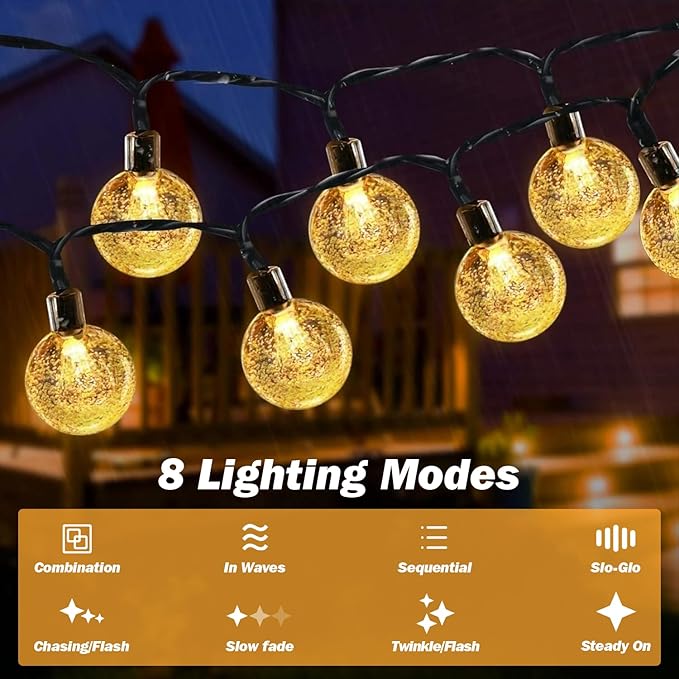 Solar Lights Outdoor Waterproof, 2 Pack Total 200LED 110FT Solar String Lights for Outside w/ 8 Modes, Outdoor String Lights Crystal Globe Patio Lights for Garden Yard Party Decor(Warm White)