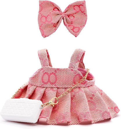 Doll Clothes Compatible with Labubu 17cm, Premium Dolls Accessories 3 Piece Set Including Chic Spaghetti-Strap Dress & Bag and Bow, High-End Fashion Outfit for Play & Display - Pink