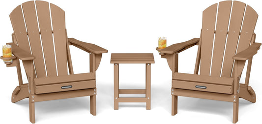 MUCHENGHY Folding Adirondack Chairs and Table Set, Outdoor Chair, Adirondack Chair Plastic, Fire Pit Chair, Weather Resistant with Cup Holder for Deck, Backyard, Garden(Teak, 3-Piece)