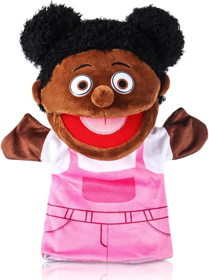 1 Pcs Family Hand Puppets 13 Inch Grandparents, Mom & Dad, Brother & Sister Plush Hand Puppet Toys Role-Play Toy Puppets for Kids Storytelling Imaginative Pretend Play Teaching Preschool(Black Sister)