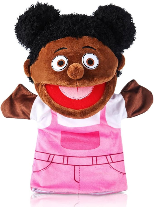 1 Pcs Family Hand Puppets 13 Inch Grandparents, Mom & Dad, Brother & Sister Plush Hand Puppet Toys Role-Play Toy Puppets for Kids Storytelling Imaginative Pretend Play Teaching Preschool(Black Sister)