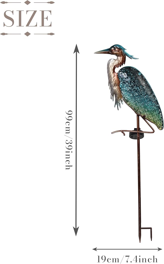 TERESA'S COLLECTIONS Blue Heron Garden Decor for Outside Solar Lights, 39" Glass Lawn Ornaments with Outdoor Lights Decorative Stake, Yard Art Decorations Outdoor for Patio Gifts for Mom Grandma