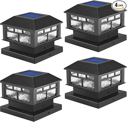 Solar Post Lights Outdoor, 20LM Fence Post Cap Lights,Waterproof, 2 Light Modes, Fit 3.5x3.5in 4x4in 5x5in Wooden Post, Solar Power Deck Lights for Garden Deck Patio Decoration（Black 4Pack）