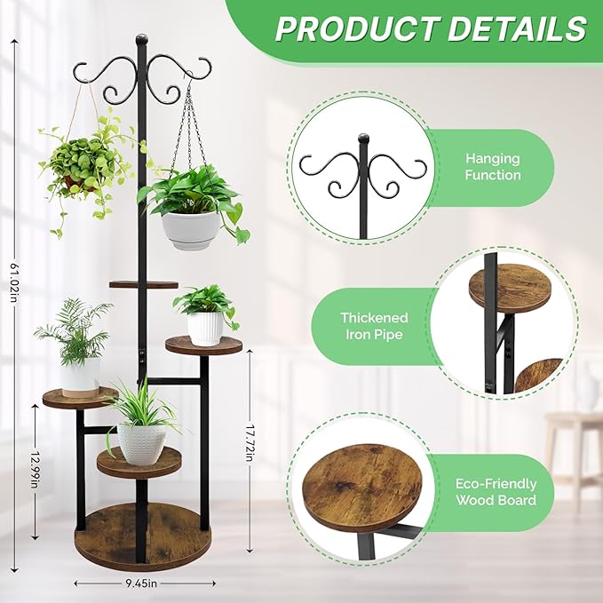 Plant Stand Indoor Outdoor, 4 Tier Hanging Plant Stands, Multiple Plant Display Rack Flower Pot Stand,61'' Tall Metal Plant Holder for Living Room Balcony Garden Patio Black