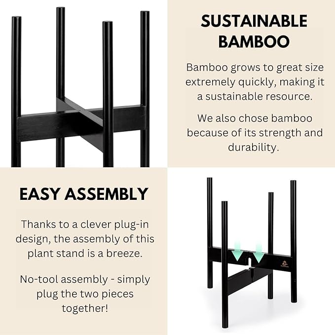 Fox & Fern Bamboo Plant Stand — 10 Inch Fixed Size Mid Century Plant Stand for Indoor Planters; Raised Flower Pot Holder for Indoors; Plug In Design; Two Height Options; Easy to Assemble - Dark Bamboo
