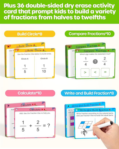 D-FantiX Wooden Fraction Educational Puzzle, Wood Fraction Tiles & Fraction Circles Set, Math Manipulatives for Elementary School, Montessori Fraction Manipulatives Games Learning Toys for Kids