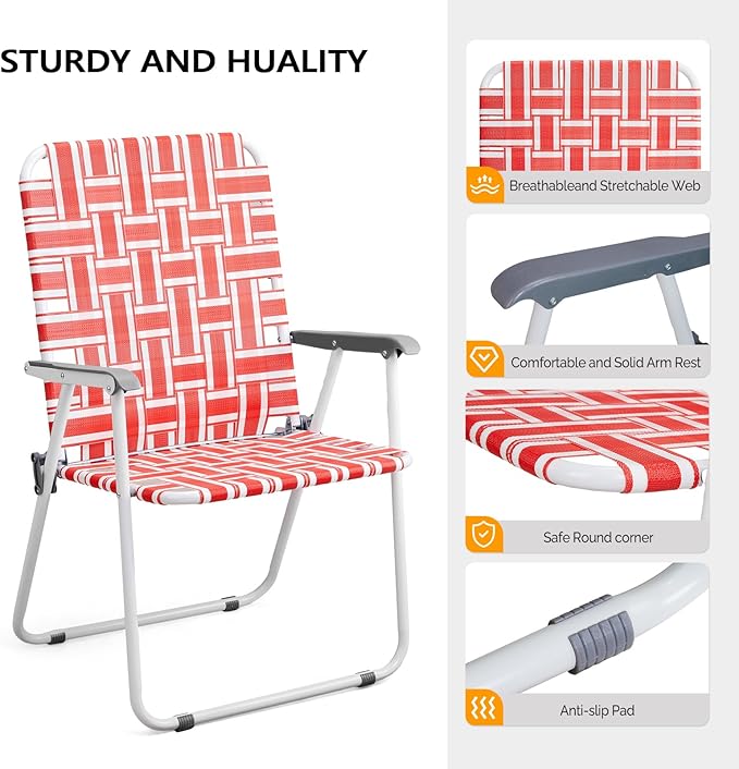 VINGLI Patio Lawn Webbed Folding Chairs Outdoor Beach Portable Camping Chair for Yard, Garden (2, Red, Oversized)